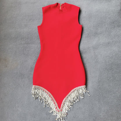 New Women Round Neck Irregular Rhinestone Tassel Multicolor Skinny Sleeveless Dress
