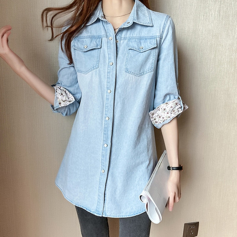 Women Long Sleeve Loose Cotton Denim Button Pockets Oversized Shirt
