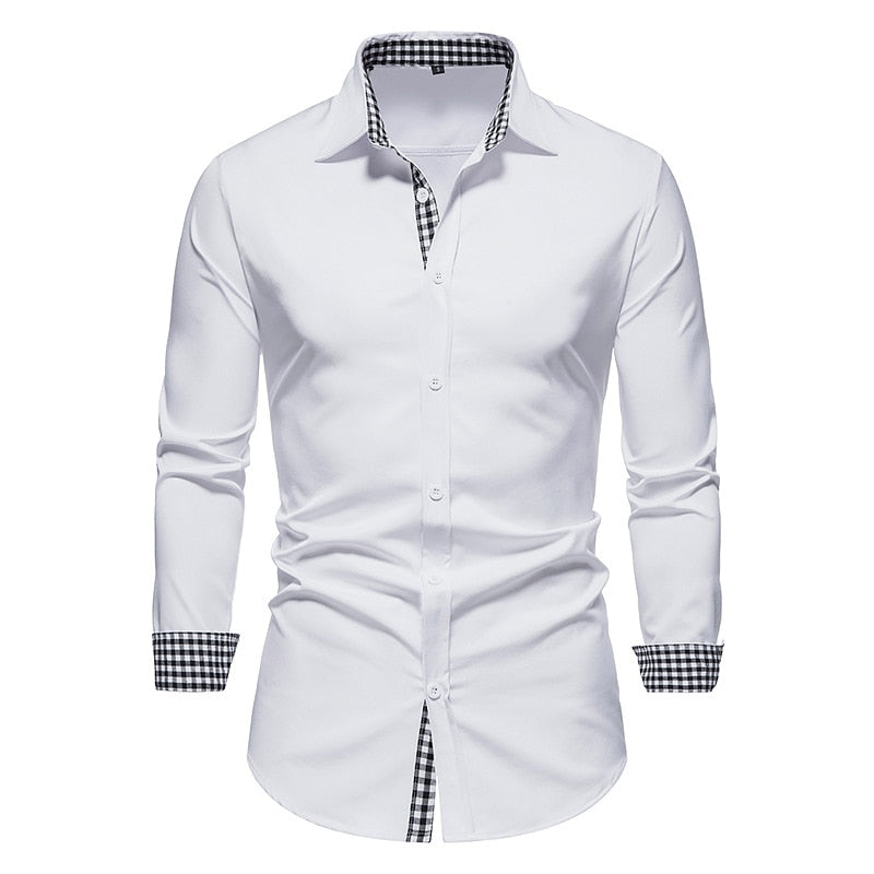 Men Plaid Patchwork Formal Slim Long Sleeve White Button Up Shirt