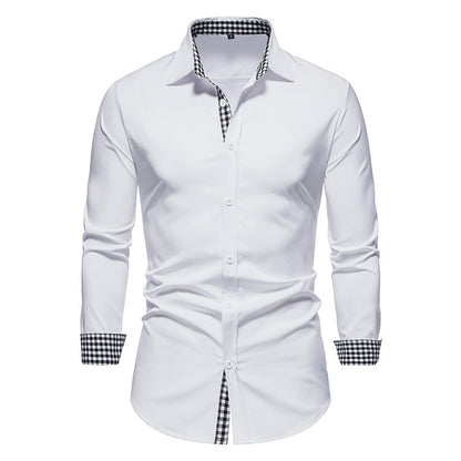 Men Plaid Patchwork Formal Slim Long Sleeve White Button Up Shirt