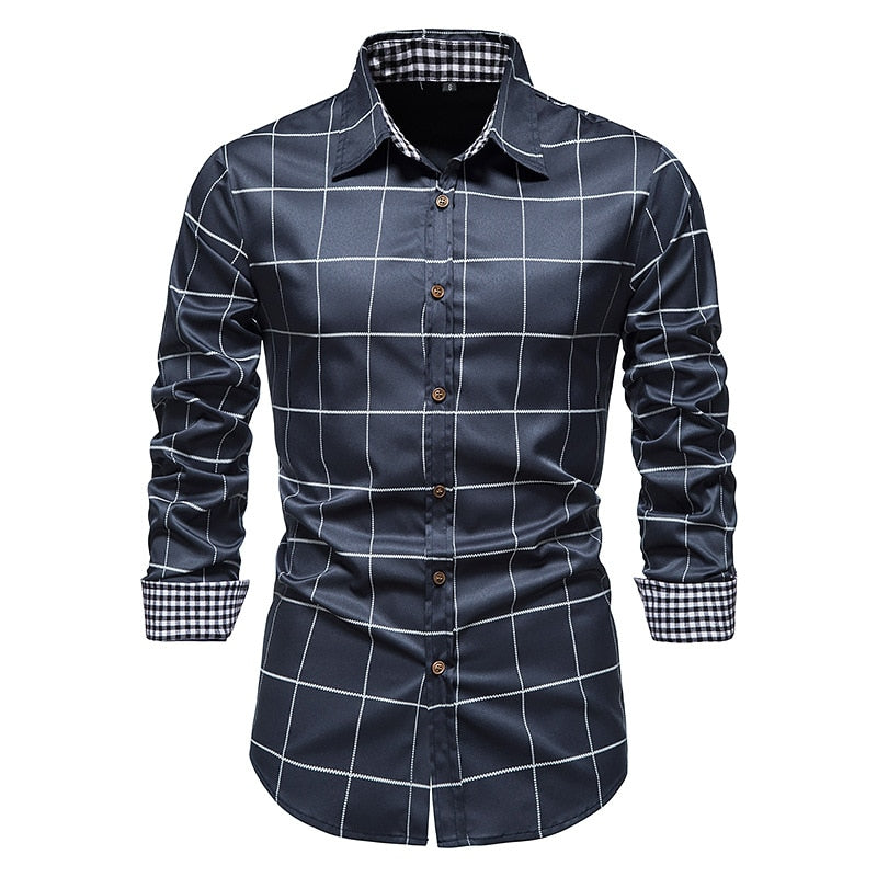 Men Plaid Patchwork Formal Slim Long Sleeve White Button Up Shirt