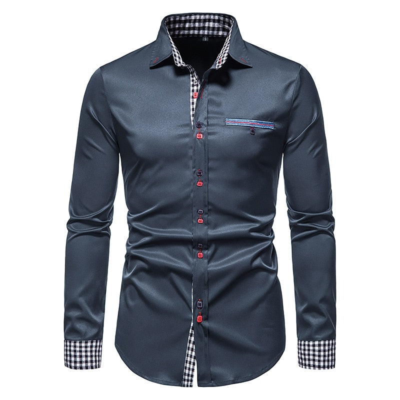 Men Plaid Patchwork Formal Slim Long Sleeve White Button Up Shirt
