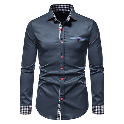 Men Plaid Patchwork Formal Slim Long Sleeve White Button Up Shirt