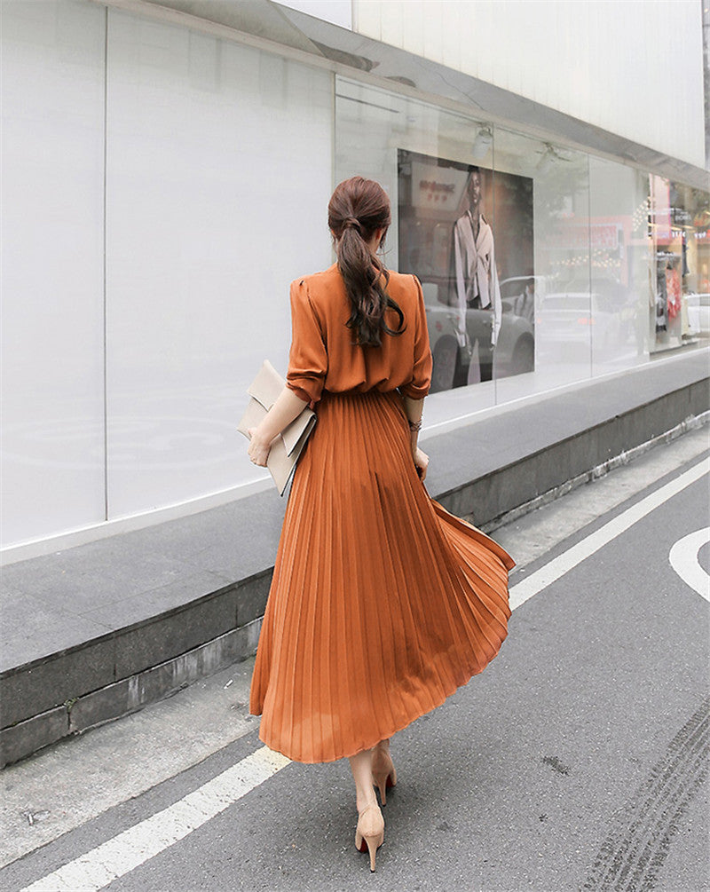 Elegant Women Pleated Long Sleeve Slim Waist A-line Dress