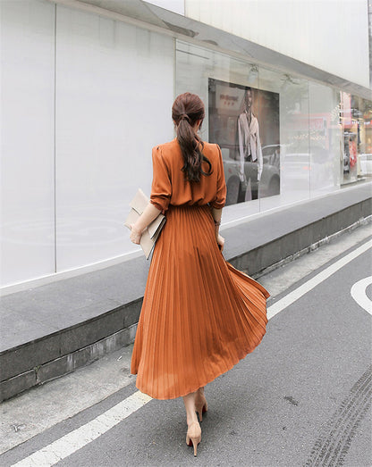Elegant Women Pleated Long Sleeve Slim Waist A-line Dress