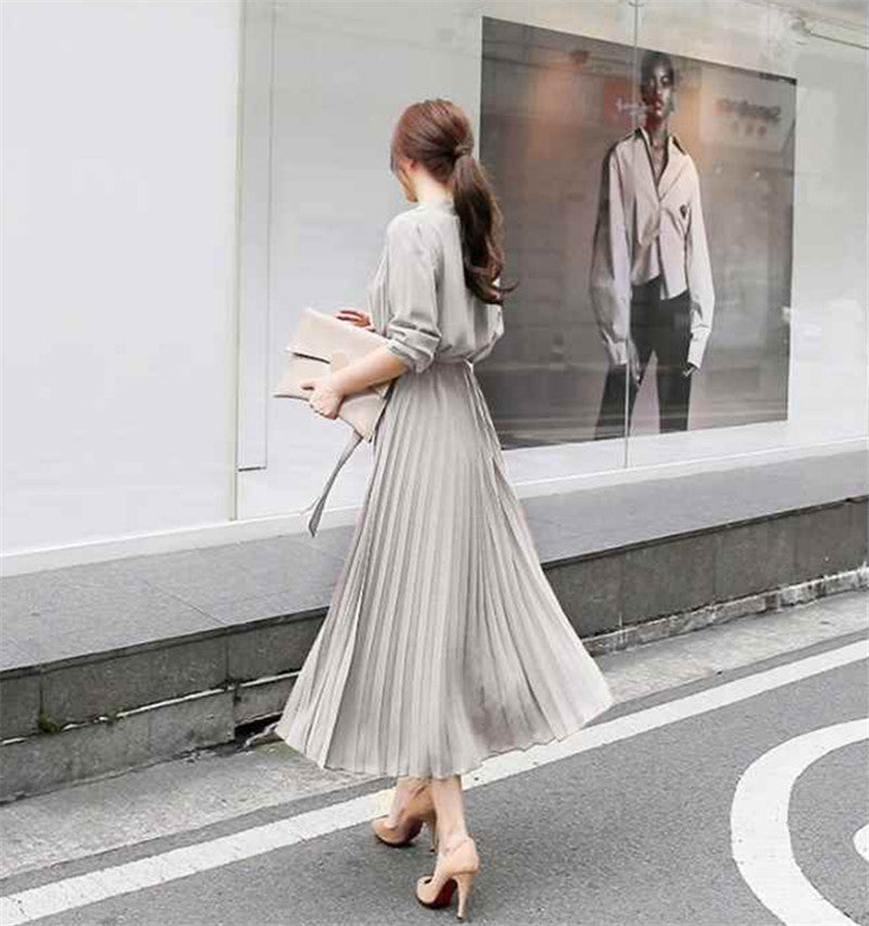 Elegant Women Pleated Long Sleeve Slim Waist A-line Dress