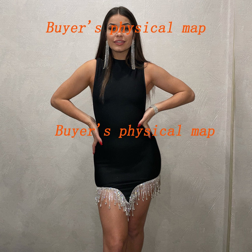 New Women Round Neck Irregular Rhinestone Tassel Multicolor Skinny Sleeveless Dress