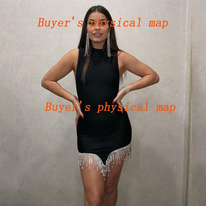 New Women Round Neck Irregular Rhinestone Tassel Multicolor Skinny Sleeveless Dress