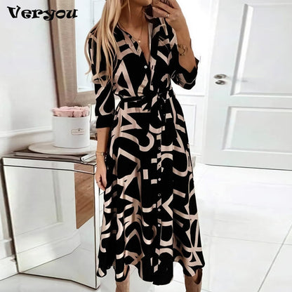 Women Elegant Button Long Sleeve Tunic V Neck Print Dresses S-4XL