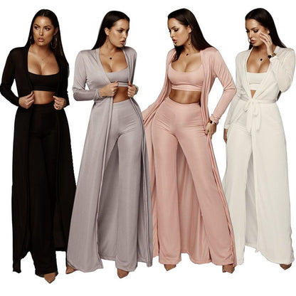 Women Bandage Long Sleeve Cardigan Loose Wide Leg 3 Piece Pant Set