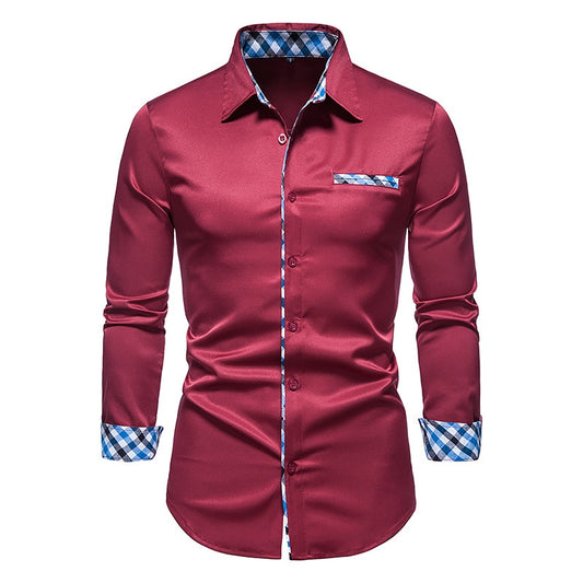 Men Plaid Patchwork Formal Slim Long Sleeve White Button Up Shirt