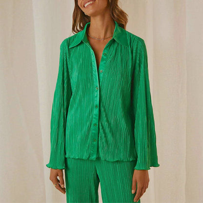 Women Pleated Elegant Casual Long Sleeve Blouses With High Waist Pants Set