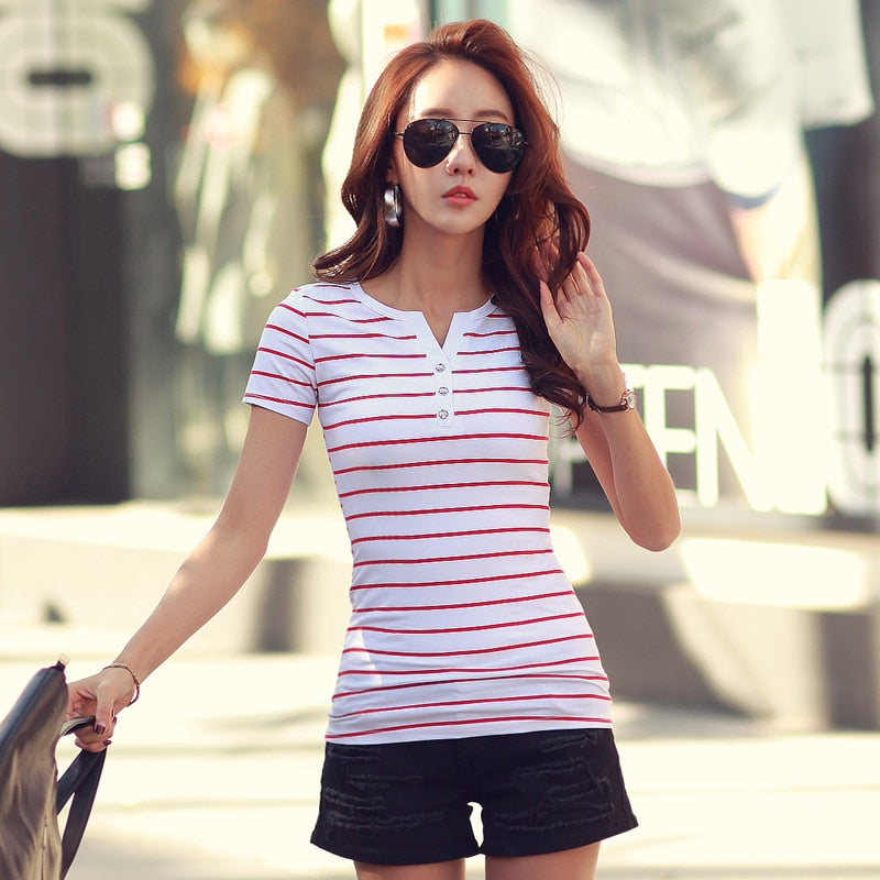 Summer Shirts V-neck T Shirt Women Short Sleeve Top S-5XL Cotton Tee