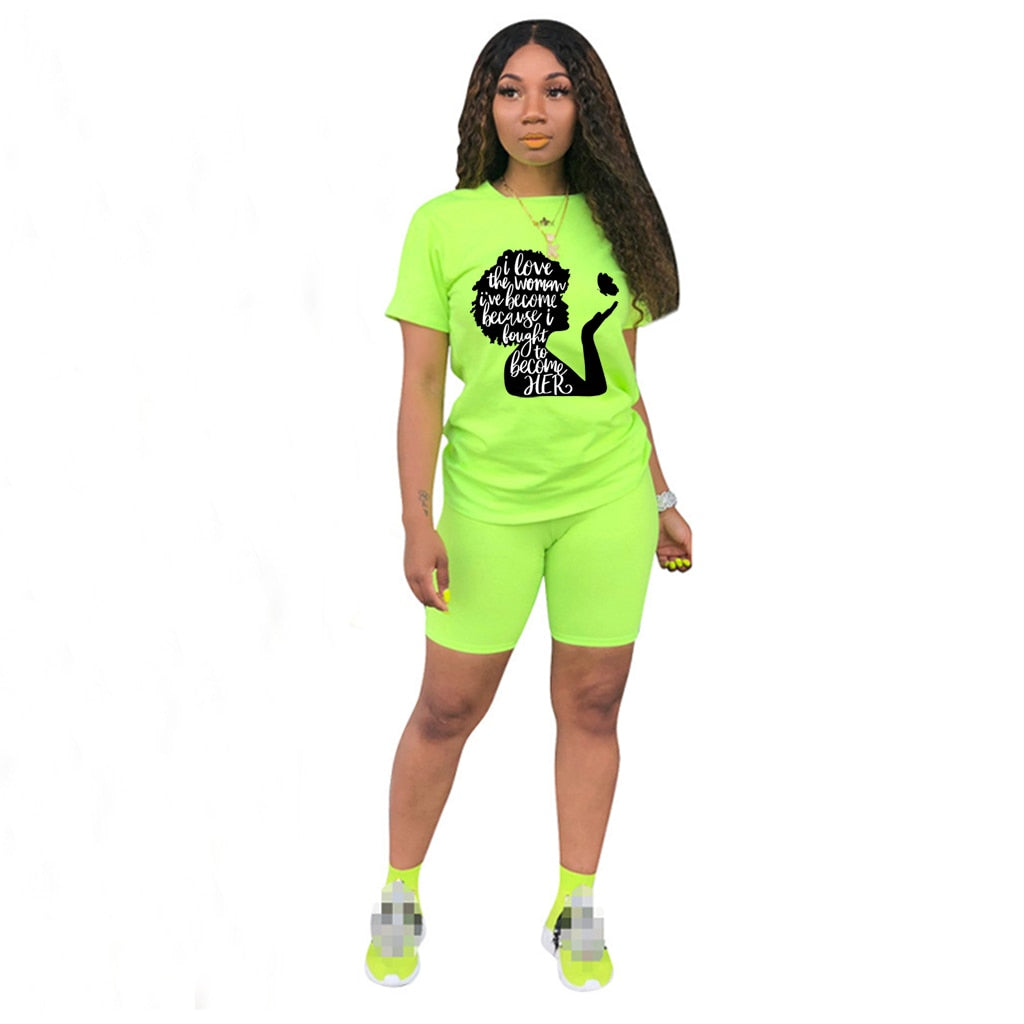 Women Two Piece Short Sleeve Lettered Top Casual Short Sets