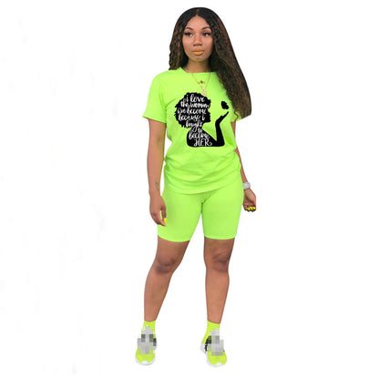 Women Two Piece Short Sleeve Lettered Top Casual Short Sets