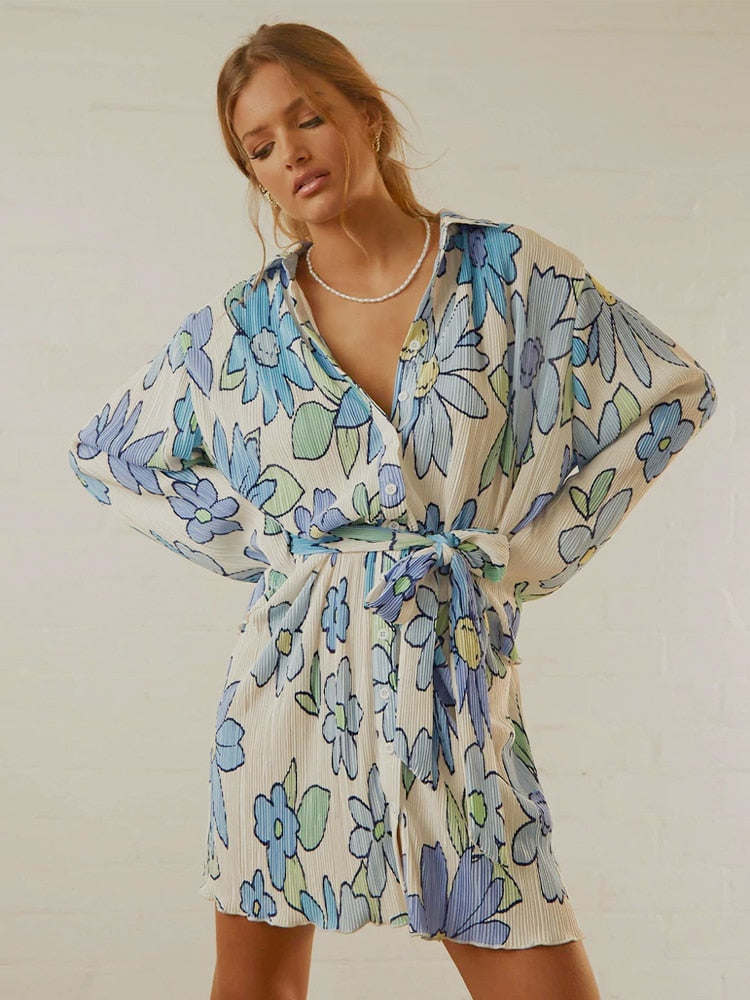 Women Pleated Elegant Casual Long Sleeve Blouses With High Waist Pants Set