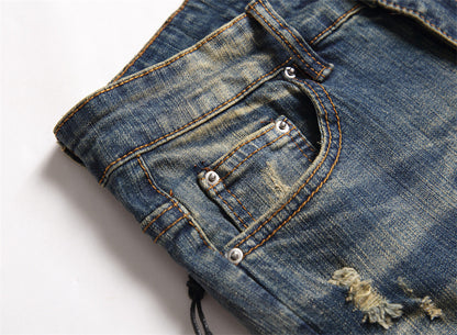 Men Hole Star Embroidered Trend Elastic Slim Graphic Jeans