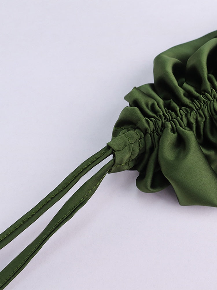 Women Ruched Satin Drawstring Spaghetti Straps Backless Dress