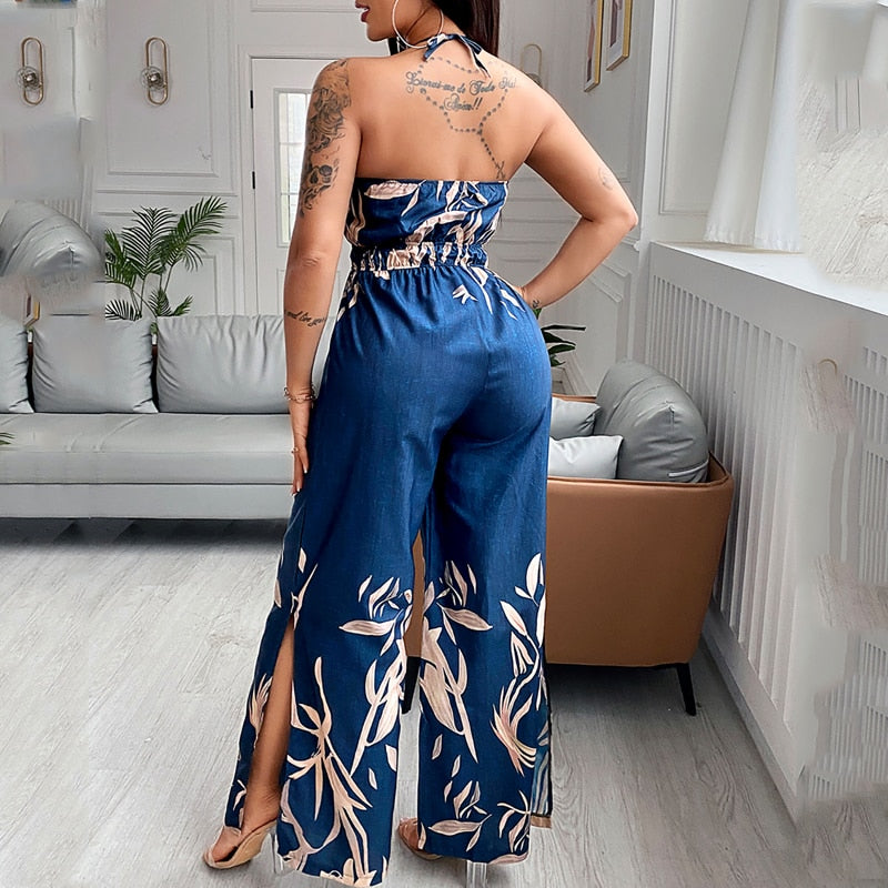 Women Fashion Elegant Sleeveless Print Halter Slit Wide-legs Jumpsuit