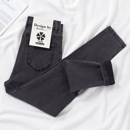 Women High Waist Skinny New Fashion Elastic Thin Gray Solid Denim Pants