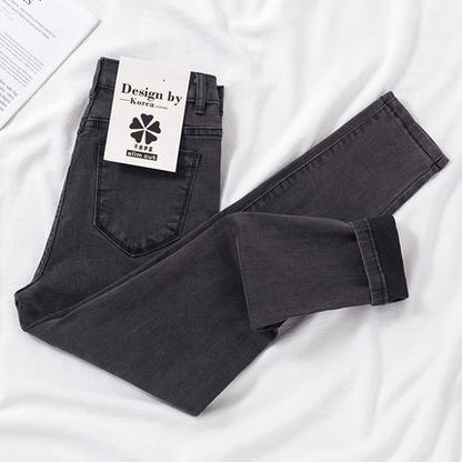 Women High Waist Skinny New Fashion Elastic Thin Gray Solid Denim Pants