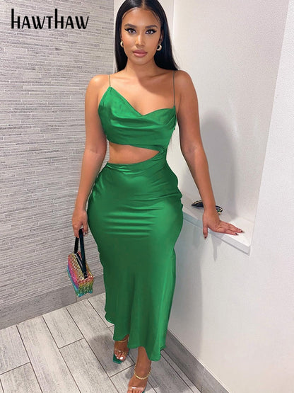 Women Elegant Party Evening Hollow Out Bodycon Stain Green Long Dress