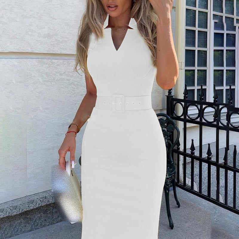 Women Fashion Sexy V neck Bodycon Casual Short Sleeve Solid Belted Dress