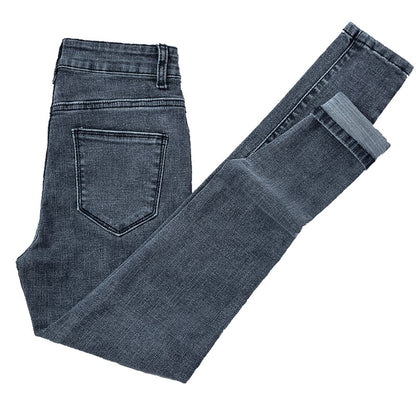 Women High Waist Skinny New Fashion Elastic Thin Gray Solid Denim Pants