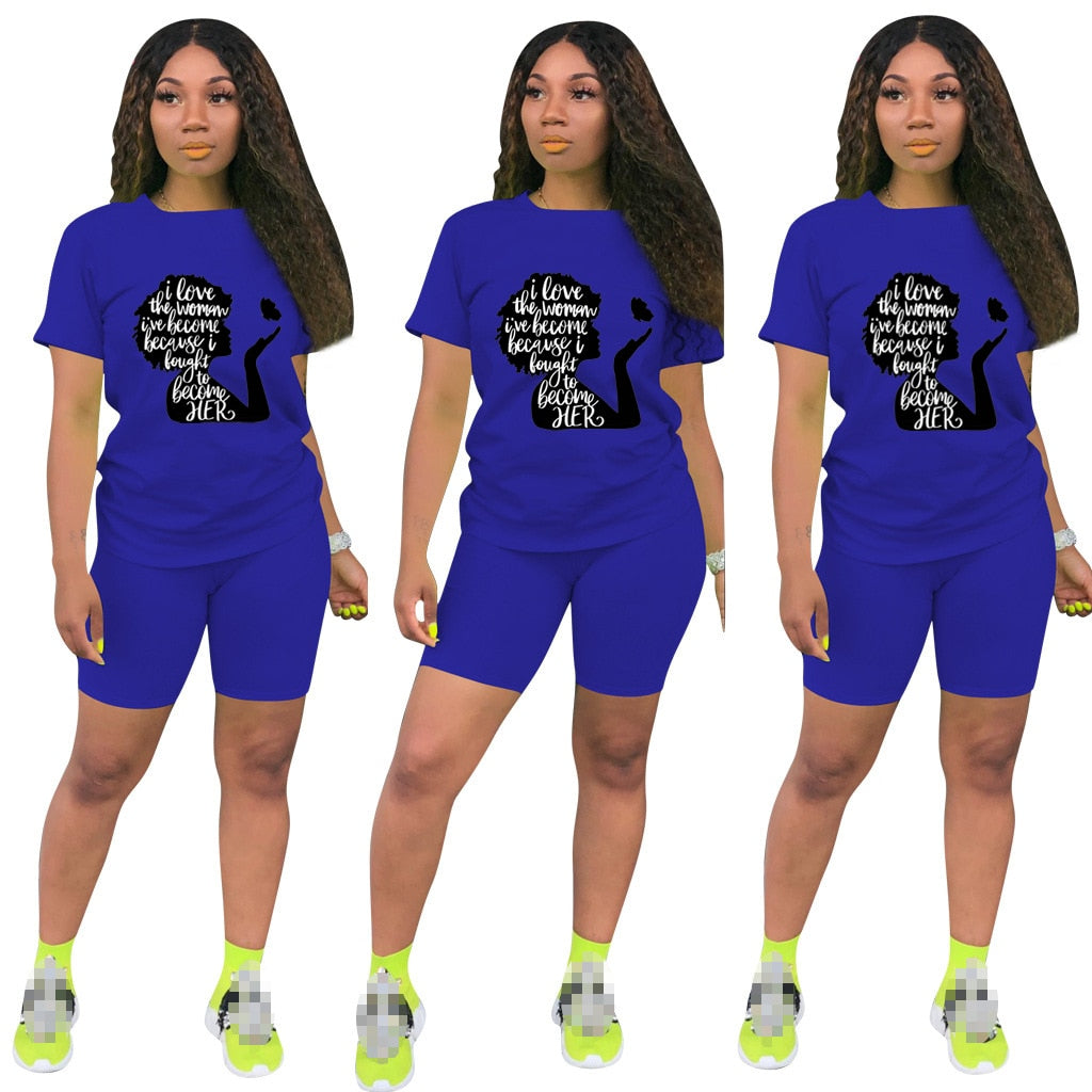 Women Two Piece Short Sleeve Lettered Top Casual Short Sets