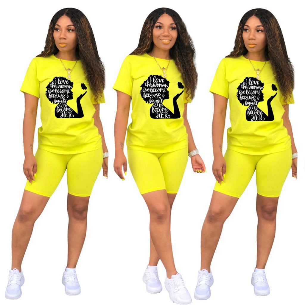 Women Two Piece Short Sleeve Lettered Top Casual Short Sets