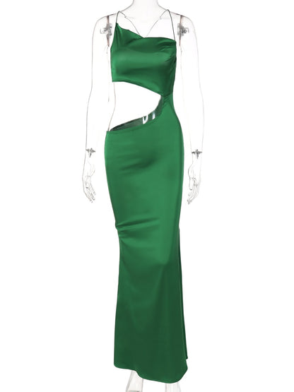 Women Elegant Party Evening Hollow Out Bodycon Stain Green Long Dress