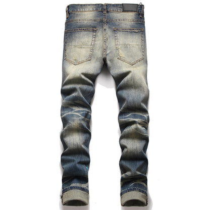 Men Hole Star Embroidered Trend Elastic Slim Graphic Jeans