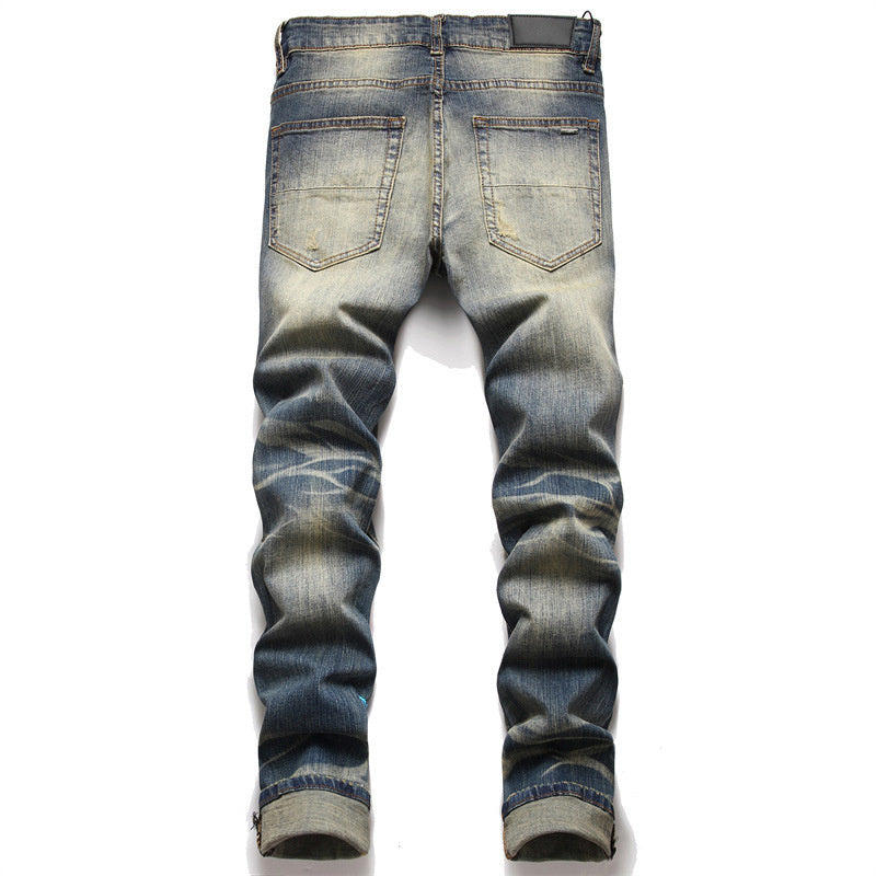 Men Hole Star Embroidered Trend Elastic Slim Graphic Jeans