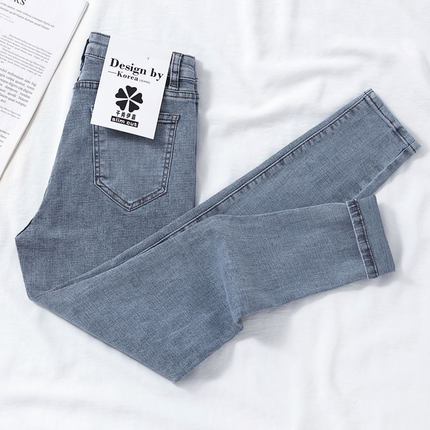 Women High Waist Skinny New Fashion Elastic Thin Gray Solid Denim Pants
