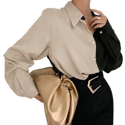 Puff Sleeve Women Office Button Turn Down Collar Shirt