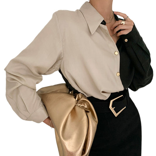 Puff Sleeve Women Office Button Turn Down Collar Shirt