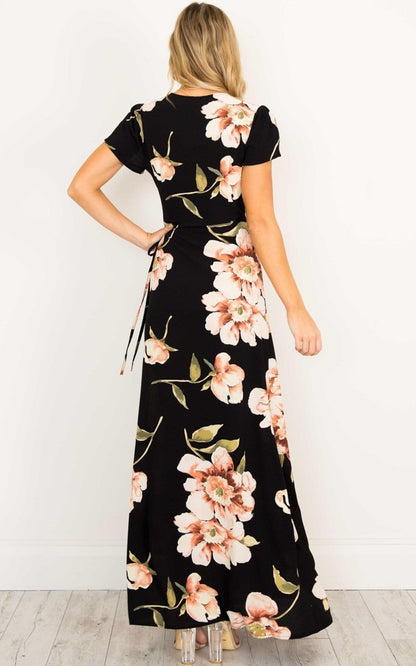 Summer Short Sleeved Long V-neck Split Print Fashion Retro Women Dress