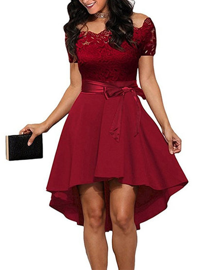 Women Elegant Lace Short Sleeve Sexy Dress