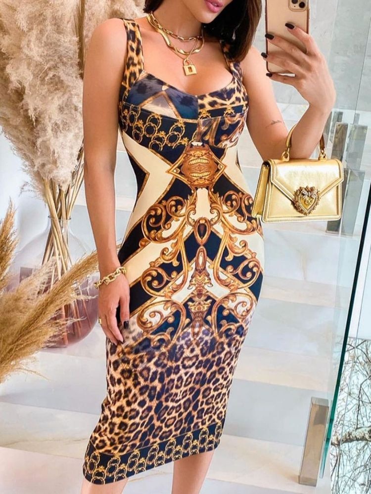 Woman Sexy Fashion Sleeveless Cheetah Print Colorblock Midi Dress