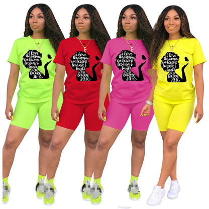 Women Two Piece Short Sleeve Lettered Top Casual Short Sets