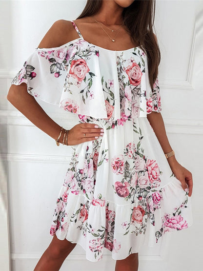 Floral Print Summer Fashion Spaghetti Strap Off Shoulder Dress