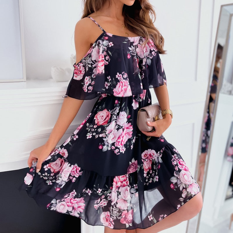 Floral Print Summer Fashion Spaghetti Strap Off Shoulder Dress