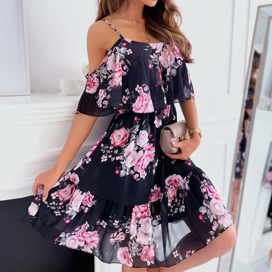 Floral Print Summer Fashion Spaghetti Strap Off Shoulder Dress