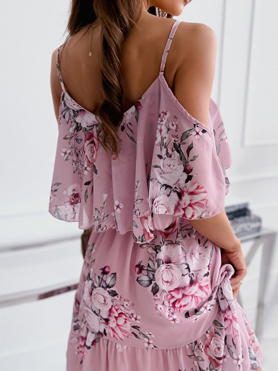 Floral Print Summer Fashion Spaghetti Strap Off Shoulder Dress