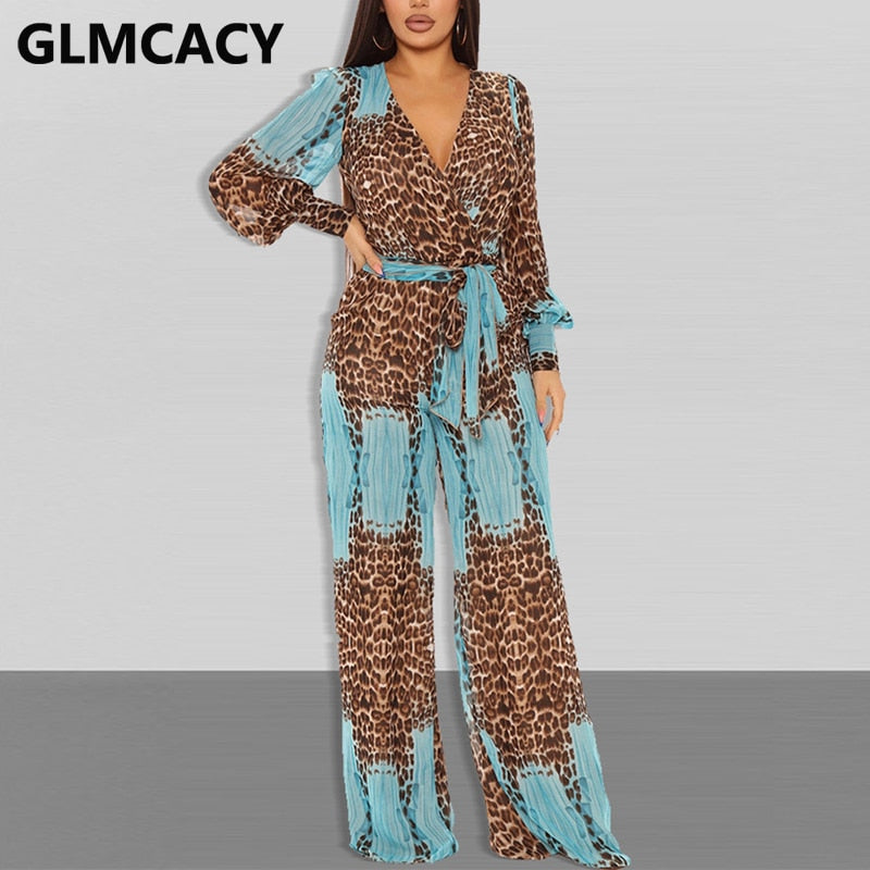 Women Long Sleeve Leopard Chiffon Jumpsuit Casual Loose Overalls