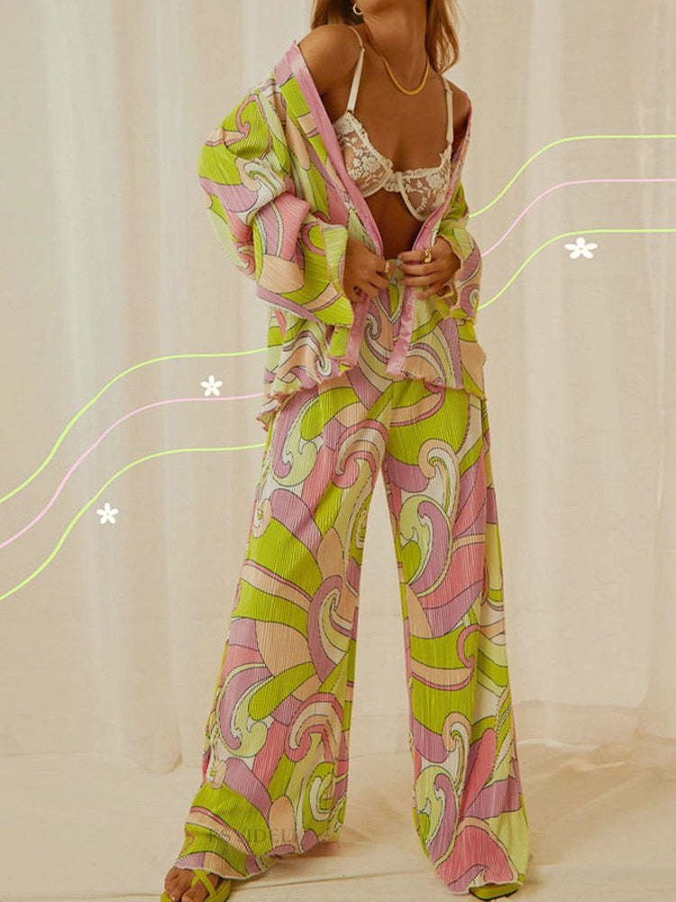 Women Pleated Elegant Casual Long Sleeve Blouses With High Waist Pants Set