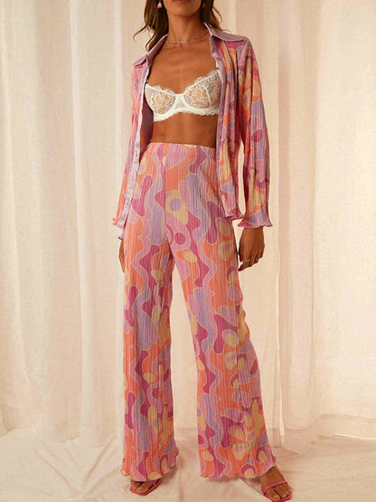 Women Pleated Elegant Casual Long Sleeve Blouses With High Waist Pants Set