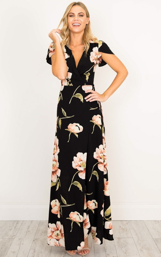 Summer Short Sleeved Long V-neck Split Print Fashion Retro Women Dress