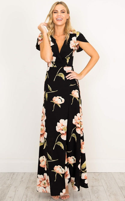 Summer Short Sleeved Long V-neck Split Print Fashion Retro Women Dress