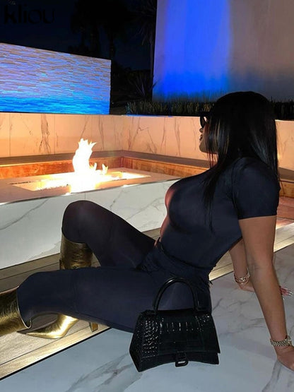 Women Skinny Short Sleeve Letter Print Top+Sporty Solid Pencil Pants Set